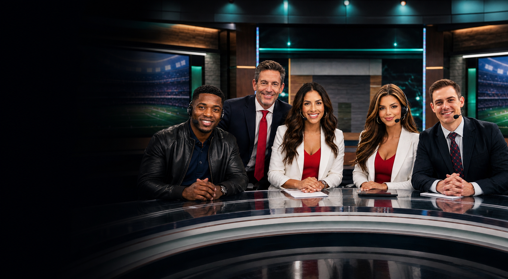 The full StreakChat reporter crew gathered at the broadcast desk.